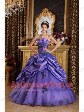 Purple A-Line / Princess Strapless Floor-length Organza Appliques Quinceanera Dress