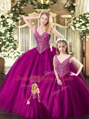 Fuchsia Straps Lace Up Beading Sweet 16 Quinceanera Dress Sleeveless