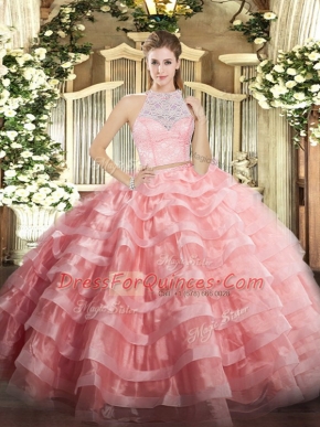 Fashionable Watermelon Red Two Pieces Scoop Sleeveless Tulle Floor Length Zipper Lace and Ruffled Layers Ball Gown Prom Dress