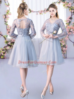 Most Popular Grey Lace Up V-neck Lace and Belt Vestidos de Damas Tulle Long Sleeves