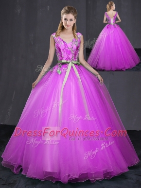 Dynamic Fuchsia V-neck Neckline Appliques and Belt Quince Ball Gowns Sleeveless Lace Up