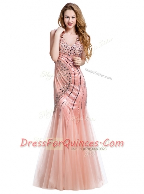 Delicate Mermaid Beading Prom Party Dress Peach Lace Up Sleeveless Floor Length