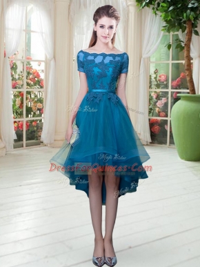 Fashion Tulle Off The Shoulder Short Sleeves Lace Up Appliques Evening Dress in Teal