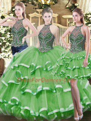 High-neck Sleeveless Organza Quinceanera Dress Beading and Ruffled Layers Lace Up