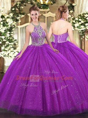 Charming Floor Length Fuchsia 15th Birthday Dress Tulle Sleeveless Beading