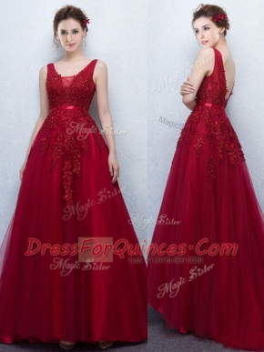 Wine Red Tulle Backless V-neck Sleeveless With Train Evening Dress Brush Train Appliques and Belt