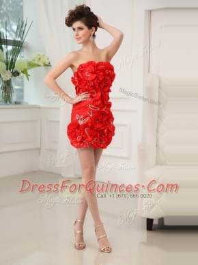 Red Column/Sheath Chiffon Strapless Sleeveless Beading and Hand Made Flower Mini Length Zipper Prom Gown