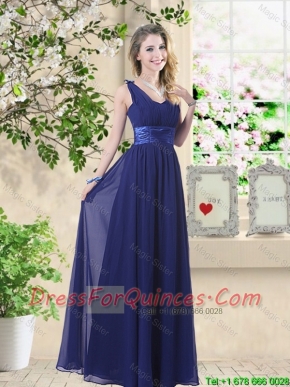 Wonderful Ruched Navy Blue Prom Dresses with V Neck