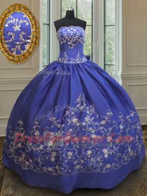Smart Sleeveless Taffeta Floor Length Lace Up Ball Gown Prom Dress in Royal Blue with Embroidery and Bowknot