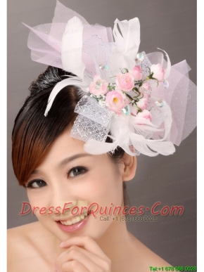 Light Pink Fashionable Tulle Feather Hand Made Flowers Beading Fascinators