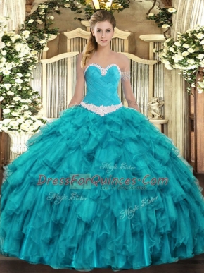 Eye-catching Appliques and Ruffles Quinceanera Gowns Teal Lace Up Sleeveless Floor Length