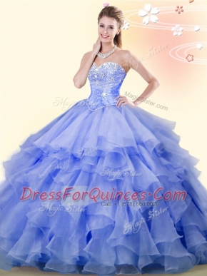 Lavender Sleeveless Beading and Ruffles Floor Length Ball Gown Prom Dress
