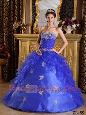 Popular Blue Ball Gown Sweetheart With Ruffles Organza For Sweet 16 Dresses