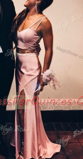 Stylish Mermaid Pink Zipper Prom Dresses Ruching Sleeveless Sweep Train