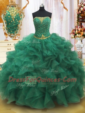 Sleeveless Organza Floor Length Lace Up Sweet 16 Dress in Dark Green with Beading and Ruffles