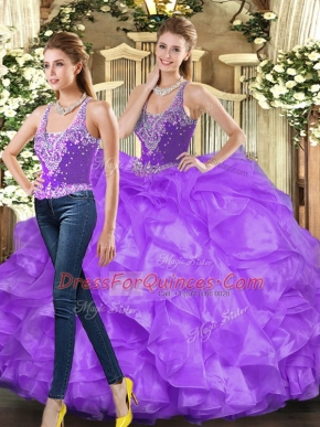 Dramatic Eggplant Purple and Purple Tulle Lace Up Straps Sleeveless Floor Length Quinceanera Dresses Beading and Ruffles