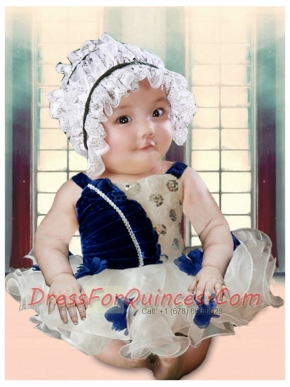 Blue and White Appliques and Ruffles 2014 Cute Little Girl Dress with Straps