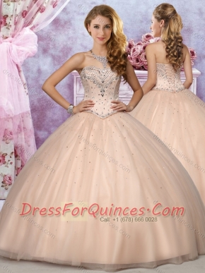 Exclusive Strapless Beaded Champagne 15th Birthday Dresses in Tulle