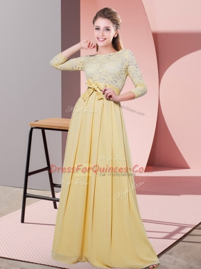 Gold 3 4 Length Sleeve Lace and Belt Floor Length Vestidos de Damas