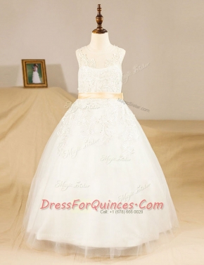 Gorgeous White A-line Scoop Sleeveless Tulle Floor Length Zipper Lace and Sashes ribbons Flower Girl Dresses