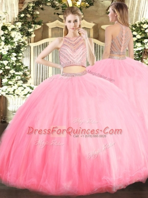 Fabulous Baby Pink Tulle Zipper Scoop Sleeveless Floor Length 15th Birthday Dress Beading