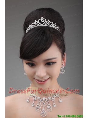 Elegant Rhinestone Wedding Jewelry Set Including Drop Earrings Crown And Necklace