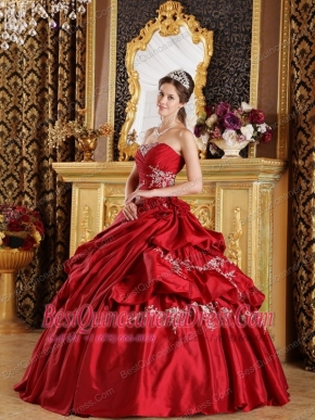 Wine Red Ball Gown Strapless Floor-length Taffeta Appliques Sweet 16 Dress