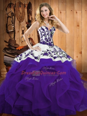 Purple Sleeveless Embroidery and Ruffles Floor Length Quinceanera Dress