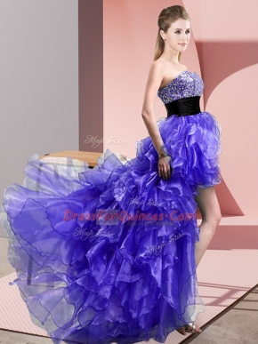Purple A-line Organza Sweetheart Sleeveless Beading and Ruffles High Low Lace Up Dress for Prom