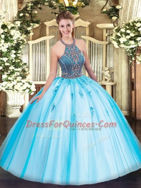 Tulle Halter Top Sleeveless Lace Up Beading and Appliques 15th Birthday Dress in Aqua Blue