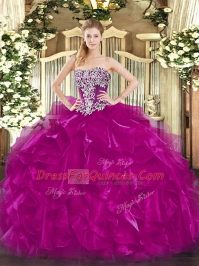 Strapless Sleeveless Lace Up Quinceanera Gown Fuchsia Organza