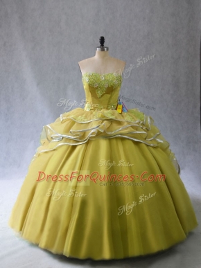 Glorious Olive Green Sweetheart Neckline Appliques and Ruffles Ball Gown Prom Dress Sleeveless Lace Up