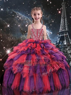 Custom Fit Coral Red Sleeveless Floor Length Beading and Ruffles Lace Up Little Girl Pageant Dress