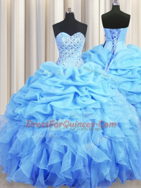Pick Ups Floor Length Ball Gowns Sleeveless Baby Blue 15 Quinceanera Dress Backless