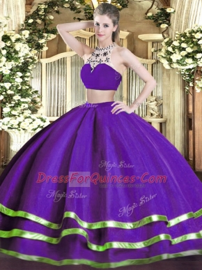 Glittering Purple Backless High-neck Beading Ball Gown Prom Dress Tulle Sleeveless