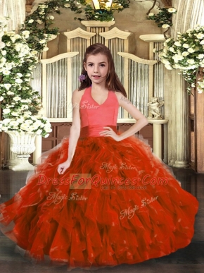 Adorable Floor Length Rust Red Girls Pageant Dresses Halter Top Sleeveless Lace Up