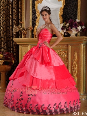 the Super Hot Quinceanera Dress In Coral Red With Sweetheart Floor-length Taffeta Appliques In 2013