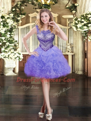 Mini Length Lavender Prom Dress Organza Sleeveless Beading and Ruffles and Pick Ups
