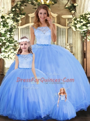 High Quality Blue Ball Gowns Scoop Sleeveless Tulle Floor Length Clasp Handle Lace Ball Gown Prom Dress