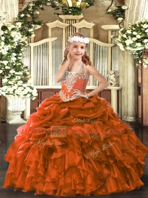 Fancy Floor Length Ball Gowns Sleeveless Rust Red Little Girls Pageant Dress Lace Up