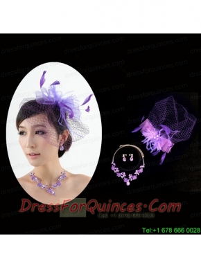 Graceful Purple Rhinestone Necklace And Earrings Wedding Jewelry Set