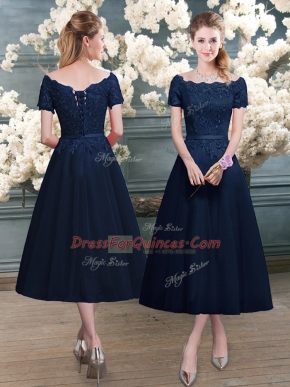 A-line Prom Evening Gown Navy Blue Scalloped Short Sleeves Tea Length Zipper