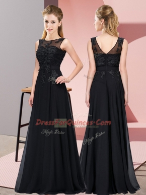 Sleeveless Floor Length Beading and Appliques Zipper Court Dresses for Sweet 16 with Black