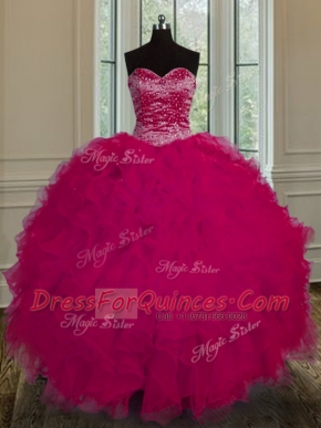 Deluxe Fuchsia Sleeveless Beading and Ruffles Floor Length Vestidos de Quinceanera