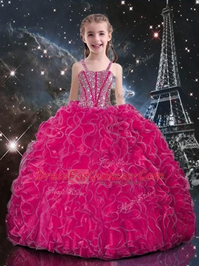 Luxurious Organza Straps Sleeveless Lace Up Beading and Ruffles Little Girls Pageant Dress in Fuchsia