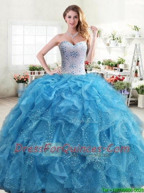 Exquisite Beaded and Ruffled Quinceanera Dress in Aqua Blue