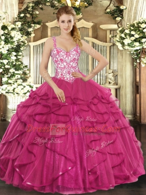 Simple Hot Pink Sleeveless Floor Length Beading and Appliques and Ruffles Lace Up Ball Gown Prom Dress