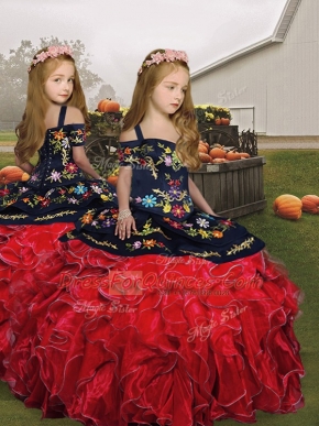 Sleeveless Organza Floor Length Lace Up Little Girl Pageant Gowns in Red with Embroidery and Ruffles
