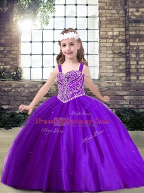 Floor Length Purple Kids Pageant Dress Tulle Sleeveless Beading