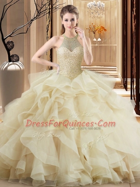 Brush Train Ball Gowns Quinceanera Dress Champagne Halter Top Organza Sleeveless